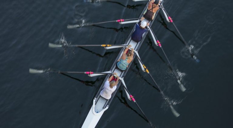 Female crew racers rowing, high angle view, Lake Union, Seattle, Washington, USA.
